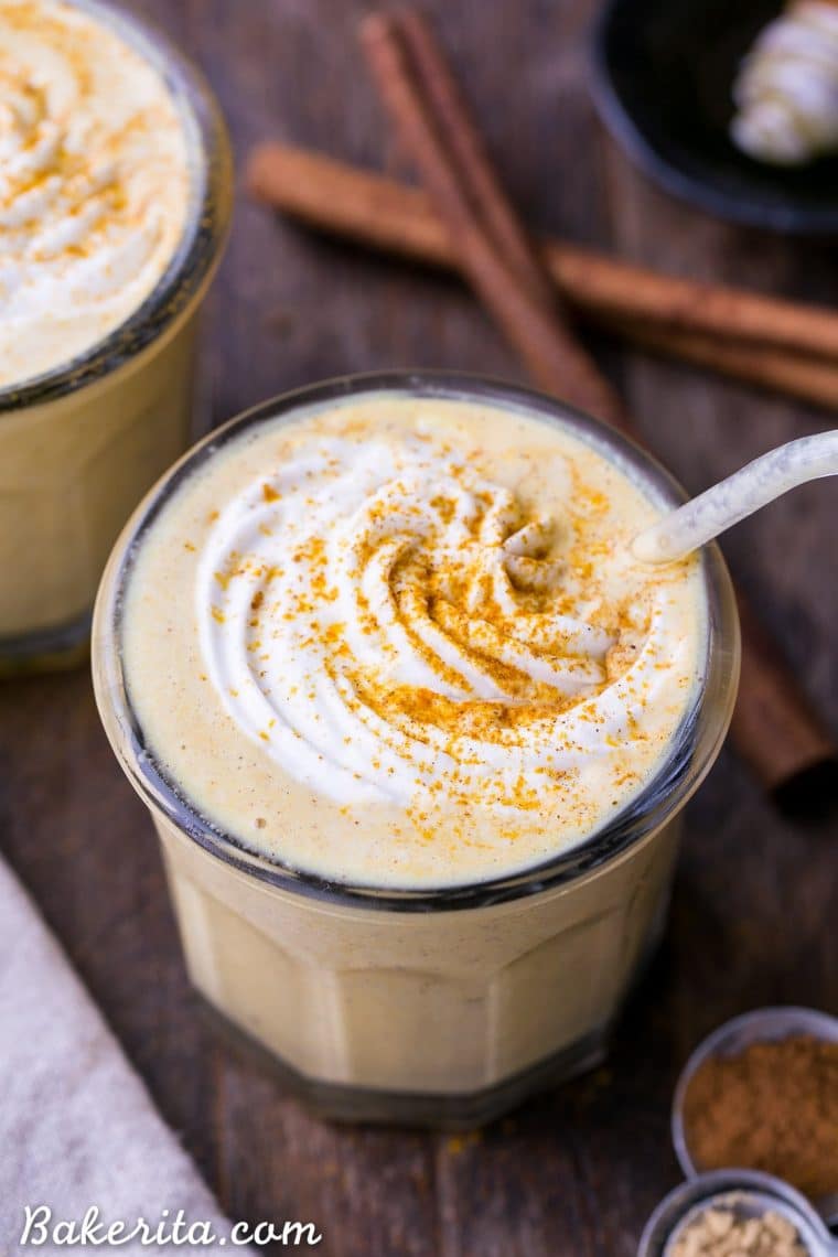 Golden Milkshakes are smooth, creamy, and refreshing, and they're loaded with anti-inflammatory turmeric and other health-boosting spices. This easy drink recipe is one you'll love sipping on hot days! #goldenmilk #turmeric #milkshake #vegan #paleo #drink #sugarfree #beverage
